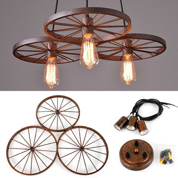 Rustic 3 Bulb Wagon Wheel Chandelier Distressed Bronze Finish Home Business - Picture 4 of 13